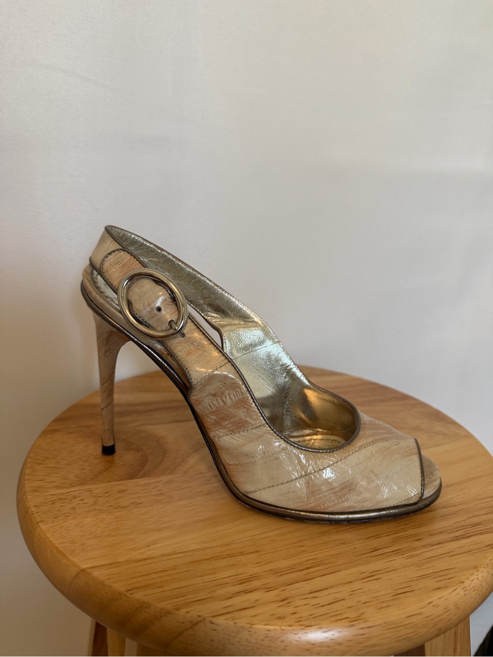 Dolce & Gabbana Eel Skin Slingback Peep-Toe Stiletto Heels (Size 37 EU, 7 USA)